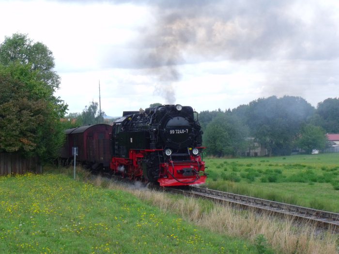 99 7240 mit Zug 8965 nach Hasselfelde, hinter Ausfahrt Gernrode vor Osterteich, um 14:05h am 19.09.2013
