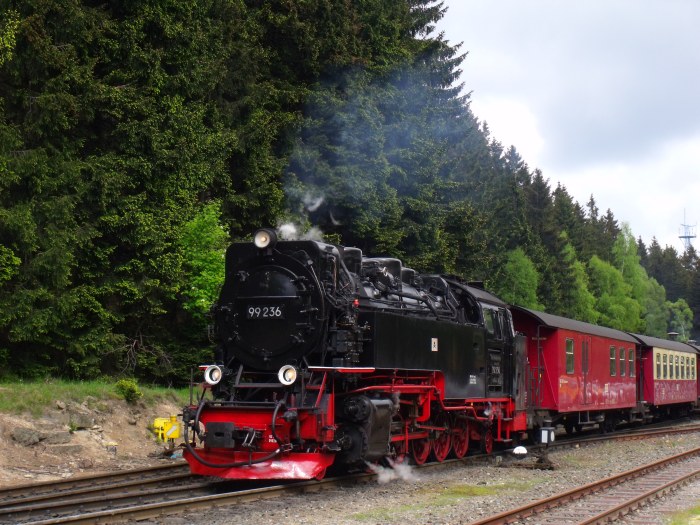 99 236 mit Zug 8923, Ausfahrt Schierke, um 15:42h am 17.05.2014