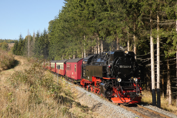 99 7237 mit Zug 8903 nach Eisfelder Talmühle, im Tiefenbachtal etwa 500 m vor der bekannten Felsenkurve nahe der B 81 fotografiert, um 13:45h am 02.10.2025