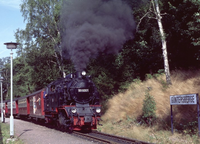 99 6001 mit Zug 8967 Abfahrt in Güntersberge, am 06.08.1999