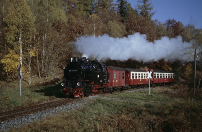 99 6001 mit Zug 8961 vor Straßberg, am 30.10.2005
