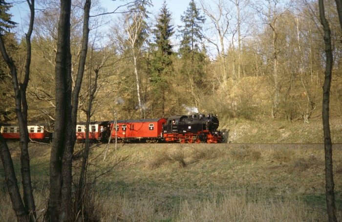 99 6001 mit 8965 abwärts fahrend am südlichen Ramberg im Tal, am 07.04.2007