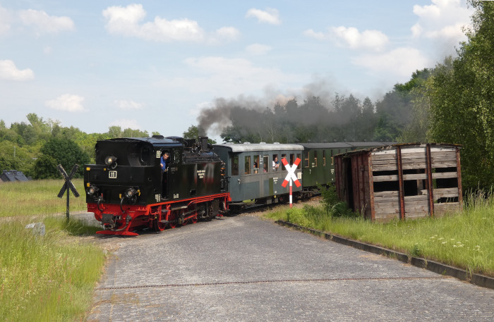 Lok 11 Tv mit Sonderzug im Fahrplan des Samstags-Regelzuges, aus Richtung Benndorf kommend an der Einfahrt von Kupferkammerhütte, um 15:33h am 31.05.2025