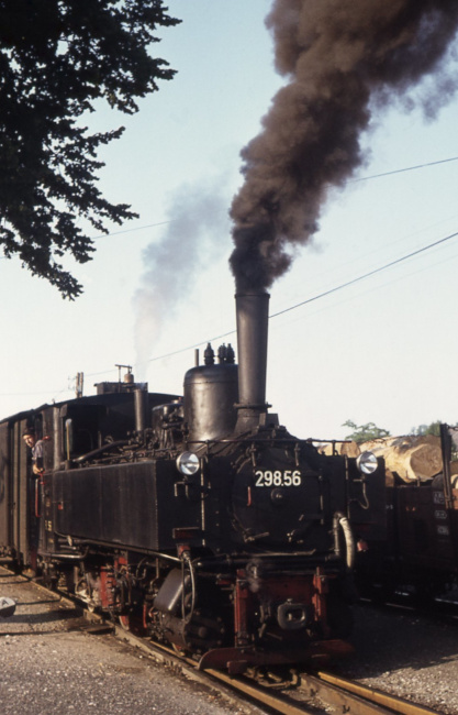 298.56 kreuzt mit Güterzug und wartet mit ihrem Zug auf Abfahrt, Juli 1976