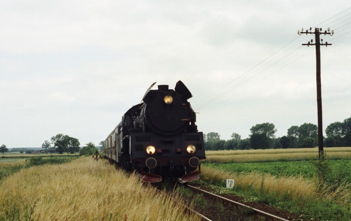 Ol49-32 mit Zug Nr.4443 in Richtung Poznań, hinter Grodzisk bei Grąblewo, um 12:23h am 05.07.1995