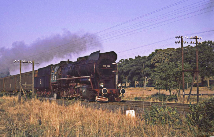 Ty45-223 im Güterzugdienst auf schöner alten ex preußischen Hauptbahn bei Gorzów (Wlkp), am 17.08.1995